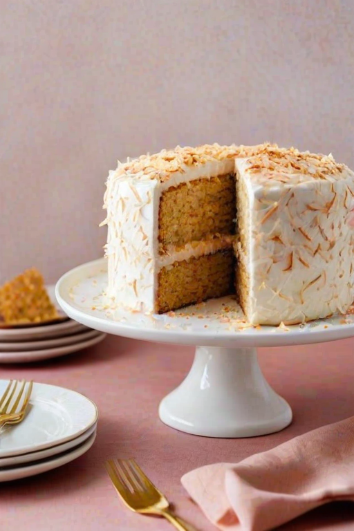 Create an image of a layered cake on a white cake stand. The cake should have a light frosting with toasted coconut flakes on top and around the sides. Include a slice of the cake on a pastel-colored plate beside it. The background should be a soft, neutral color with some light kitchen elements.