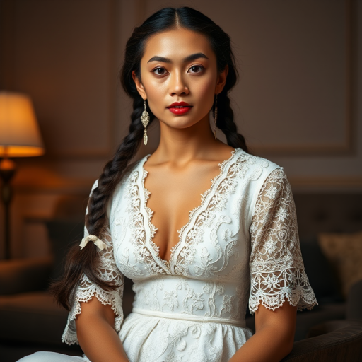 Create a portrait of a refined and elegant Burmese woman seated in a sophisticated setting. She has long, wavy hair styled in two thick braids that are pulled over her shoulders. She wears a white, lace gown with intricate patterns, featuring a deep V-neckline and short sleeves. The dress exudes a vintage charm with its delicate lacework. She is adorned with ornate, dangling earrings that add a touch of glamour to her appearance. The background is softly lit, with warm, ambient lighting that creates a cozy and inviting atmosphere. Her expression is poised and serene, capturing a sense of grace and elegance.