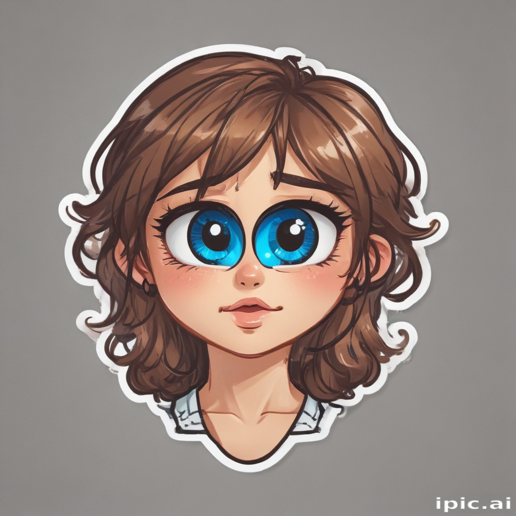 A Cute Cartoon Girl with Big Blue Eyes and Wavy Brown Hair