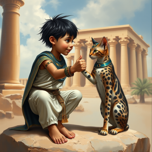 Airbrush, whimsical, glossy oil painting, hyper realism of an Ancient Egyptian boy with black messy short hair, wearing an Ancient Egyptian outfit, bare feet, sitting on a stone in front of a temple, fist bumping with his Ancient Egyptian cat, the boy and the cat looking to each other proudly.