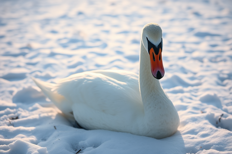 A snowy landscape with a close-up of a swan resting on the ground, soft morning light, shallow depth of field, ISO 200, f/4, 1/200s, 85mm lens, DSLR camera, wide angle shot.