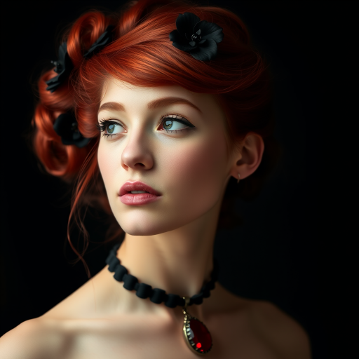 A young woman with bright red hair styled in a voluminous updo adorned with black floral accents, wearing a black choker with a large red gemstone pendant, looks off to the side with a slightly pensive expression, her face softly lit against a dark background.  The image is composed as a portrait, shot from a close-up perspective, with the subject filling most of the frame.  The woman's skin appears fair and flawless, with a subtle glow.  The overall atmosphere is elegant and slightly dramatic.