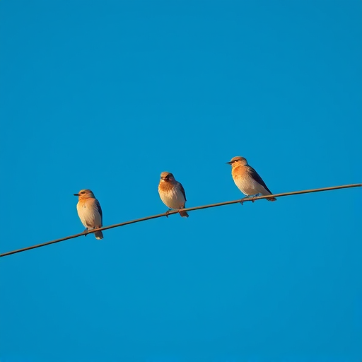 Three birds perched on power lines against a clear blue sky, shot with a Canon EOS 5D Mark IV, 50mm lens, aperture f/8, shutter speed 1/200s, ISO 100, natural light, focus on the birds with a slight blur in the background.