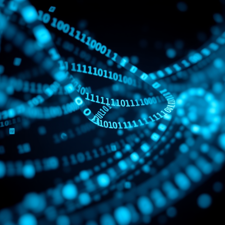 Create a dynamic digital artwork depicting flowing binary code in shades of blue and turquoise, with a dark background, using a 50mm lens, f/1.8 aperture, ISO 200, and a shallow depth of field for enhanced focus on the numbers, captured in a high-definition digital format.