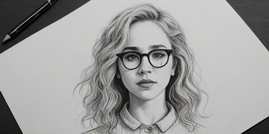 Elegant Juno Temple, pencil sketch, portrait of Bewitching woman 1947s in glasses, hair style beatnik, outline, clear lines, fine lines, 8k