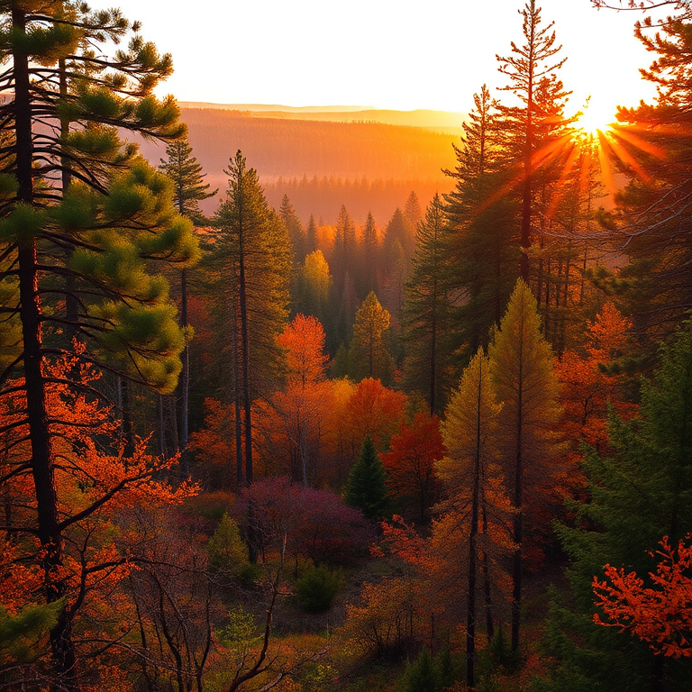 Create a high-resolution image of a serene forest landscape during the golden hour, with vibrant colors and soft lighting, captured using a Canon EOS 5D Mark IV, 50mm lens, aperture f/2.8, ISO 100, with a slight tilt to add depth, and a wide-angle view for an expansive perspective.