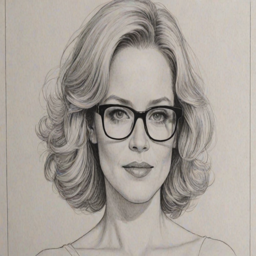 Attractive Penelope Ann Miller, pencil sketch, portrait of Alluring woman 1973s in glasses, hair style beatnik, outline, clear lines, fine lines, 8k
