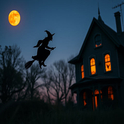 halloween scene featuring a silhouette of a witch flying on a broomstick with an orange full moon in the background, a haunted house with glowing windows, shot with a DSLR camera, 50mm lens, f/1.8 aperture, ISO 100, focus on depth of field to emphasize the foreground, low angle view at twilight for dramatic lighting