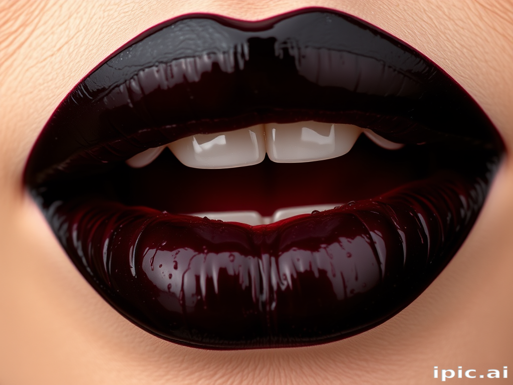 Edgy black cherry lips with a glossy finish, adding drama and intensity to any look, perfect for bold and daring expressions