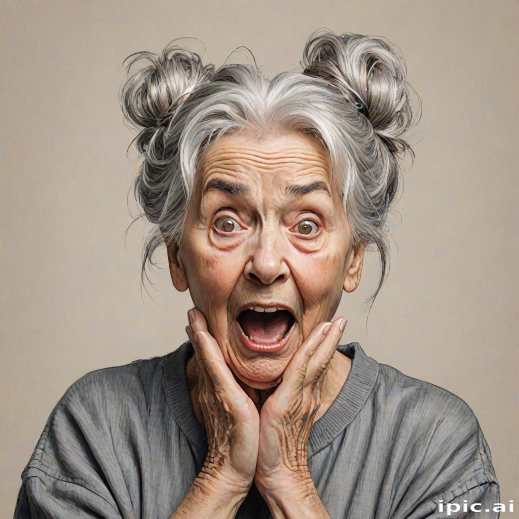 scribbly unfinished sketch, old lady with messy gray hair in a loose bun, surprised expression, mouth open, hands clasped together in front of her chest. Her eyes are wide, eyebrows are furrowed. vibe of shock or surprise.
