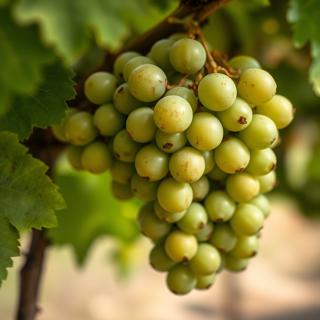 high-resolution image of green grapes on a vine, macro shot, f/2.8 aperture, ISO 100, 50mm lens, soft natural lighting, focus on details and textures.