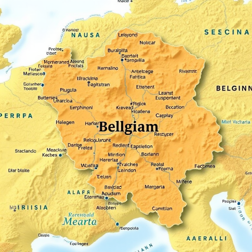 Create a detailed map of Belgium with clear borders and labeled regions, using a high-resolution camera with a focal length of 50mm, aperture set to f/8, shot from an aerial view, styled as a digital illustration.