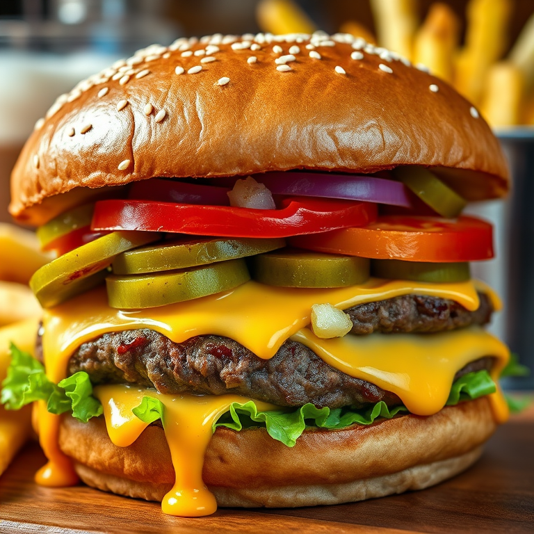 High-resolution, close-up image of a gourmet double cheeseburger. The burger features a glossy, sesame-seed-topped brioche bun. Inside, there are two thick, juicy beef patties, each topped with melted cheddar cheese. The burger is garnished with fresh lettuce, tomato slices, diced onions, and pickles. A generous amount of ketchup and a creamy, orange-colored sauce is dripping down the sides, adding to the mouth-watering appeal. In the background, there are blurred elements including a side of golden French fries and a hint of a beverage, enhancing the overall presentation of a delicious meal.