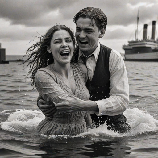 A hyperdetailed photorealistic black and white pencil sketch recreating the iconic scene at the end of Titanic with Jack and Rose floating in the water, only show them making exaggerated funny faces at the camera. Show Rose spitting water at the camera.