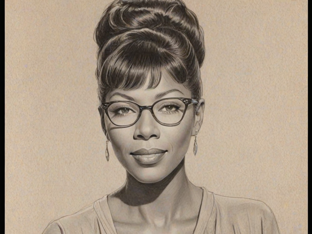 Charming Natalie Cole, pencil sketch, portrait of Enchanting woman 1944s in glasses, hair style beatnik, outline, clear lines, fine lines, 8k