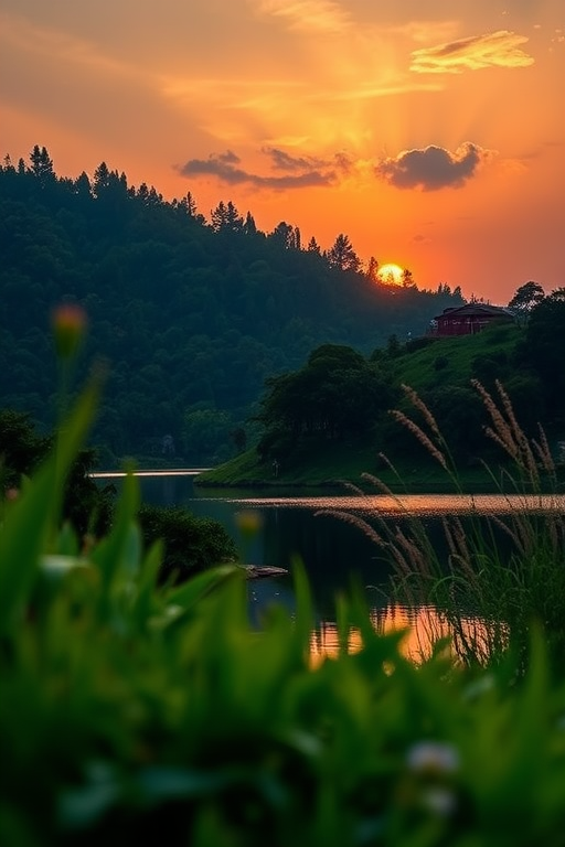 Create a high-resolution image of a serene landscape at sunset with lush greenery and a calm lake, using a Canon EOS R5 with a 24-70mm f/2.8 lens, aperture set to f/8, ISO 100, shutter speed 1/125 sec, captured from a low angle perspective for a dramatic effect.