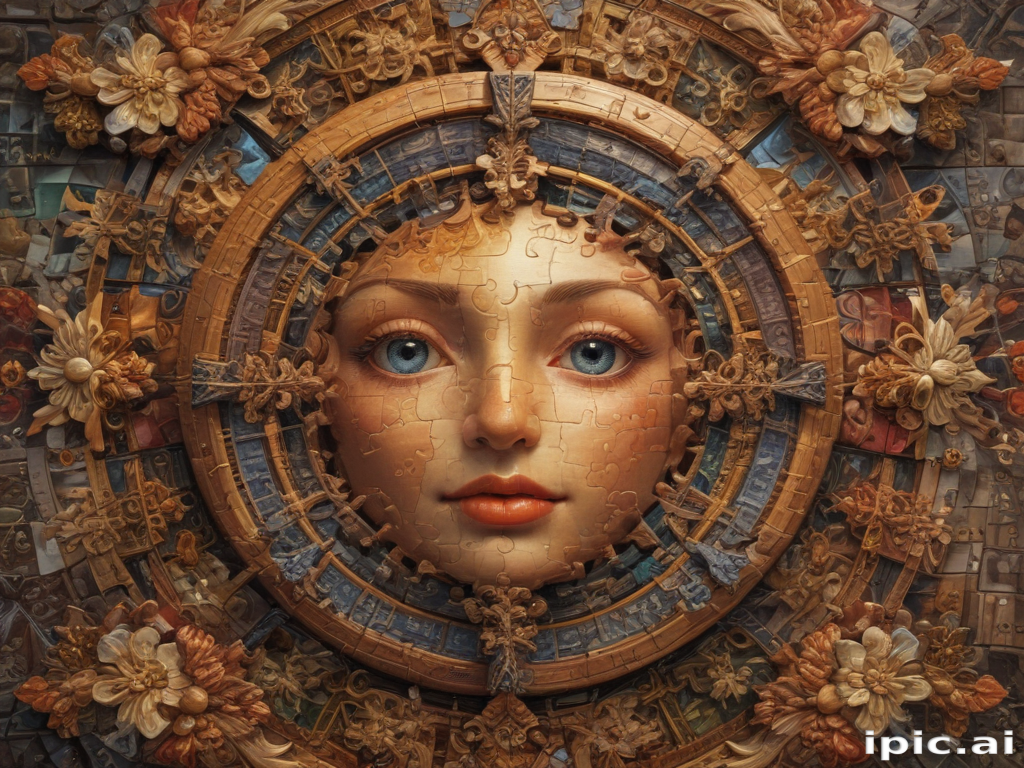 Intricate Puzzle Art Featuring a Beautiful Face Surrounded by Floral