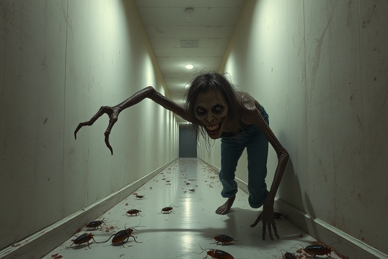 a crooked female with long arms and a creepy smile is crawling along a long white corridor and you can also see cockroaches in it there is a creepy atmosphere creepy art style