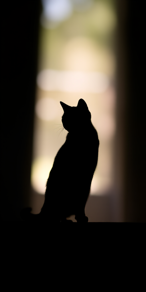 Generate an image of a stylized, minimalist silhouette of a cat standing gracefully, captured with a DSLR camera at f/2.8 aperture, ISO 100, 50mm focal length, in soft natural light, with a shallow depth of field to create a pleasing bokeh effect in the background.