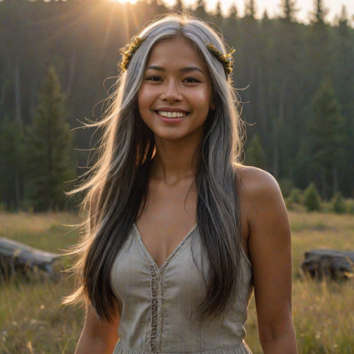 ultrarealistic, beautiful filipino woman, Indian pirouette on her head, gray hair, long straight hair, the sun gently illuminates her hair. Ultrarealistic skin, stands in the meadow, 1 girl, age - about 25 years old, swarthy complexion, ultrarealistic skin, smiles gently, stands near the campfire. She looks sexy