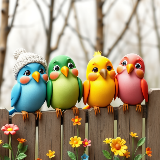 create a scene of 4 quirky  whimsical colourful comical birds each with a funny expression. they are sat on a wooden fence with colourful flowers. they are all different sizes. each one is a different colour  one is wearing a woolly hat. Each one has a different quirky google expression and there is a muted background of trees watercolour paintierly style high definition 8k resolution 3D paper mache