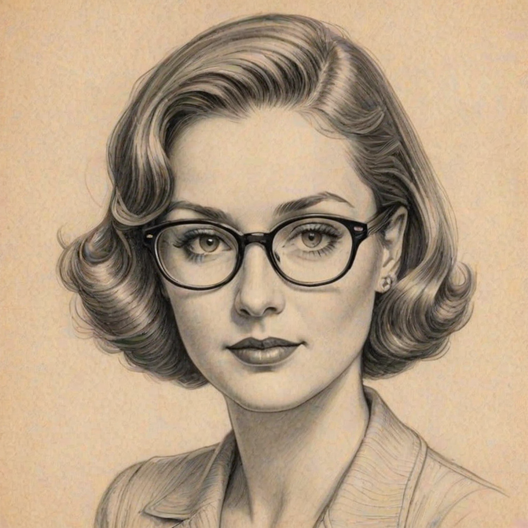 Gorgeous Bobbie Phillips, pencil sketch, portrait of Resplendent woman 1932s in glasses, hair style beatnik, outline, clear lines, fine lines, 8k
