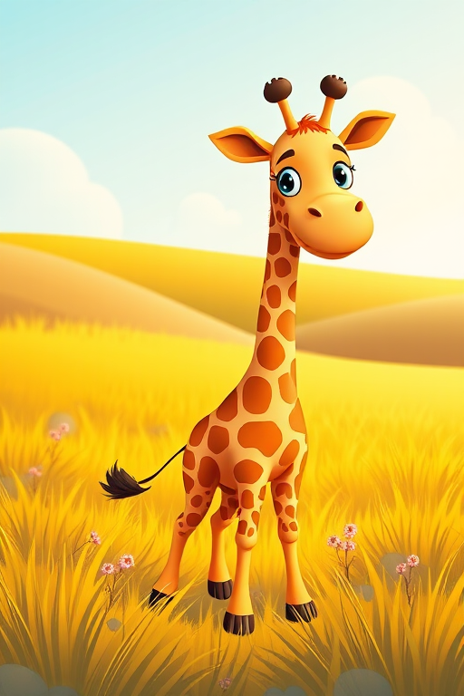 Create a vibrant and playful illustration of a cartoon giraffe standing in an animated grassy field, using a DSLR camera with a 35mm lens, aperture f/2.8, shutter speed 1/250s, and ISO 200 for enhanced clarity and color richness.