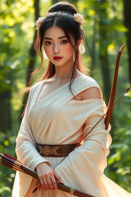 Create a portrait of a goddess-like Chinese girl figure in a tranquil, forested environment. She has an elegant appearance with long, wavy hair styled in an updo and adorned with a delicate, floral headband. She wears a flowing, ancient Greek-inspired gown in a soft, pale color, featuring a one-shoulder design and draped fabric that accentuates her graceful form. The outfit includes a decorative belt with ornate gold detailing, and she holds a bow in her hand, with a quiver of arrows slung over her shoulder. The background depicts lush greenery, with sunlight filtering through the trees, casting a gentle, ethereal light on the scene. Her expression is calm and contemplative, embodying a sense of wisdom and serenity.