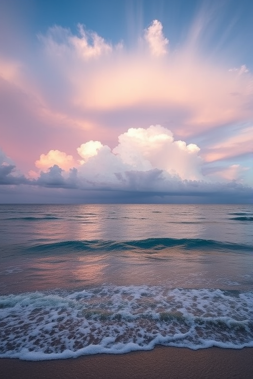 capture a serene seascape at dawn with dramatic clouds reflecting soft pastel colors, use a Canon EOS 5D Mark IV with a 24mm f/1.4 lens, aperture f/8, ISO 100, shutter speed 1/125s, photograph from a low angle near the water's edge to emphasize the vastness of the ocean and sky, ensure high dynamic range for enhanced color and detail