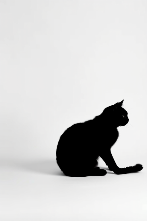 Generate a high-resolution image of a black silhouette of a cat sitting position against a white background, captured with a Canon EOS 5D Mark IV, 50mm lens, aperture f/1.8, shutter speed 1/125s, ISO 100, in a studio setting with soft lighting for enhanced image quality.