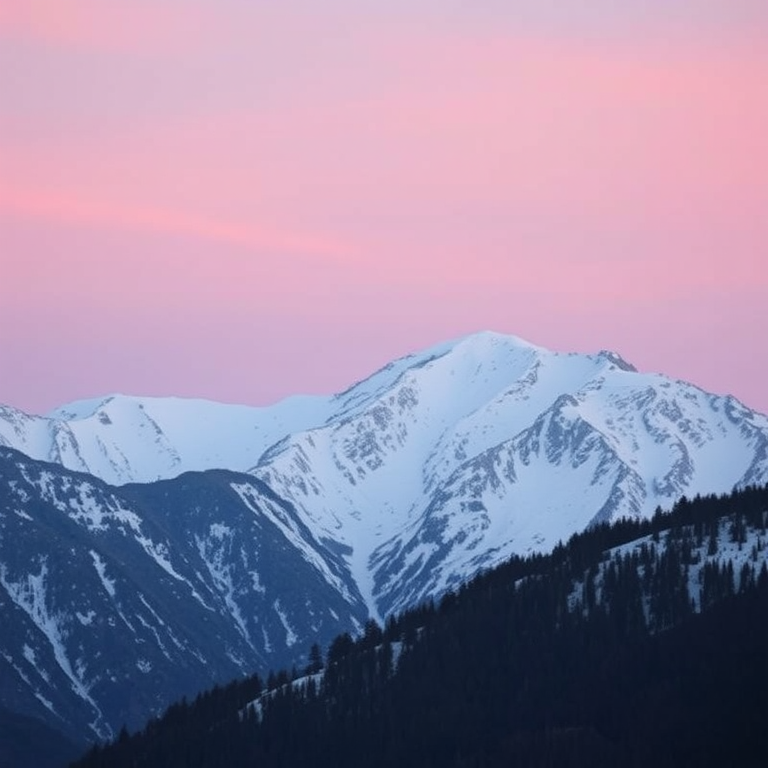 Capture a high-resolution image of a snow-capped mountain range during sunset with soft pink hues in the sky, using a DSLR camera with a 50mm lens, aperture set to f/8, ISO 100, shutter speed 1/250s, in landscape orientation.