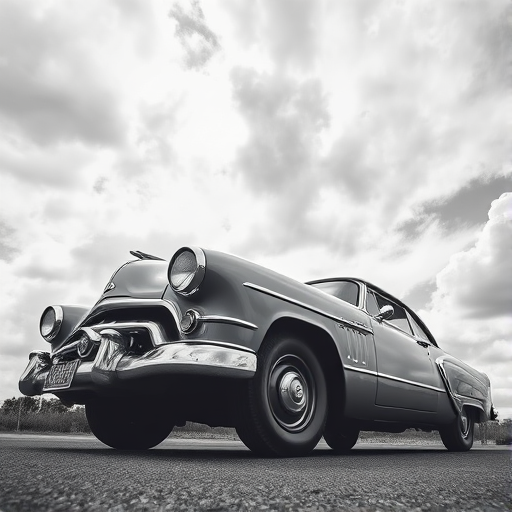 Regenerate an image of a vintage silver car from a low angle view, f/2.8 aperture, ISO 100, 50mm lens, with dramatic cloud background, high dynamic range in black and white, using a full-frame DSLR camera.