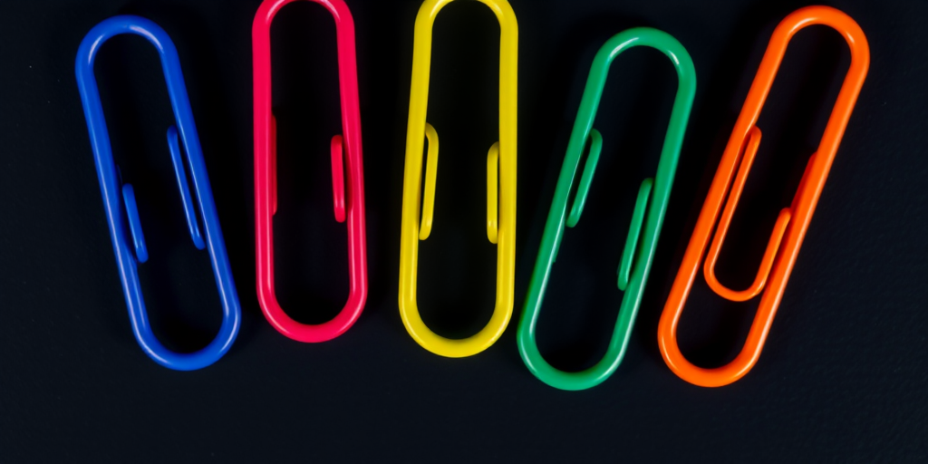 Create a high-resolution image of five colorful paper clips arranged in a line, captured with a Canon EOS R5 at f/2.8, ISO 100, and a macro lens from a top-down view to enhance detail and vibrancy.