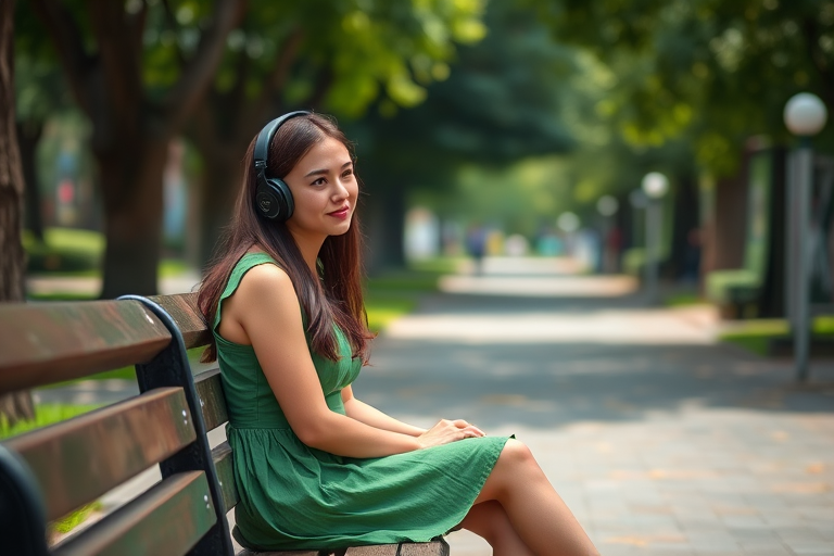 Capture a candid street photography moment of a young woman sitting on a bench in a park, wearing a green dress and headphones, using a shallow depth of field with a Canon EOS R5, 50mm f/1.2 lens, ISO 100, f/2.8, natural light, vibrant colors, and soft bokeh background.