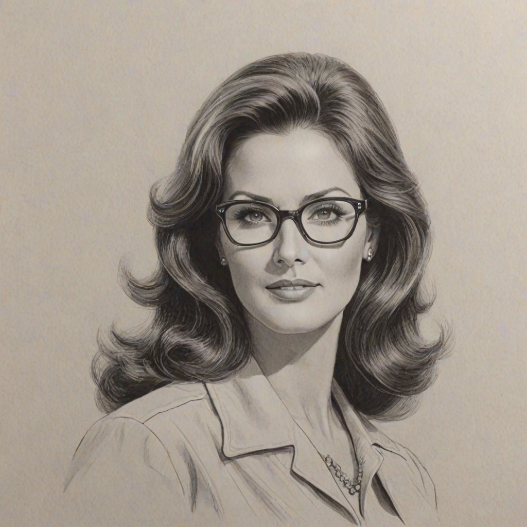 Ravishing Lynda Carter, pencil sketch, portrait of Splendid woman 1960s in glasses, hair style beatnik, outline, clear lines, fine lines, 8k