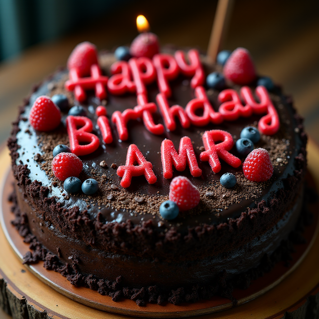 black forest gateau cake, spelling out the words "HAPPY BDAY AMR", tasty, food photography, dynamic shot