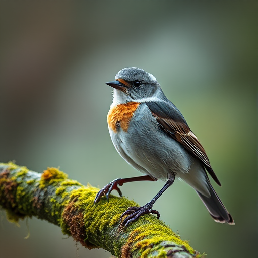 A detailed close-up of a bird perched on a moss-covered branch, using a Canon EOS 5D Mark IV with a 300mm f/2.8 lens, aperture set to f/4, ISO 400, shutter speed 1/200, soft bokeh background, natural light.