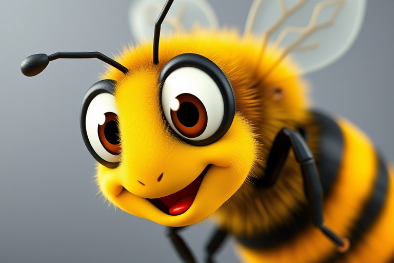 Create a vibrant cartoon bee with exaggerated features, high resolution, bright yellow and black stripes, large expressive eyes, vector style, shot with a Canon EOS R5 at f/2.8, 1/250s, ISO 100, in a flat lay perspective to enhance detail.