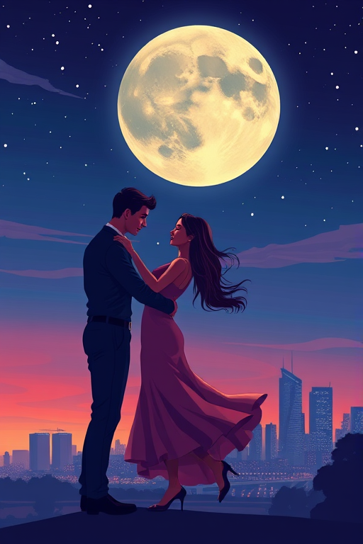 Create an illustration of a couple dancing under a night sky with a large moon and city skyline in the background, using vibrant colors and smooth gradients, in a digital art style; camera settings: f/5.6, ISO 100, shutter speed 1/250s; camera view: wide-angle; camera type: digital illustration.