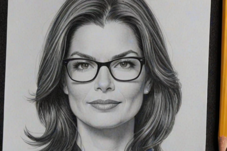 Magnificent Sela Ward, pencil sketch, portrait of Comely woman 1969s in glasses, hair style beatnik, outline, clear lines, fine lines, 8k