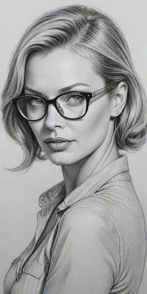 Elegant Jamie Pressly, pencil sketch, portrait of Magnificent woman 1934s in glasses, hair style beatnik, outline, clear lines, fine lines, 8k