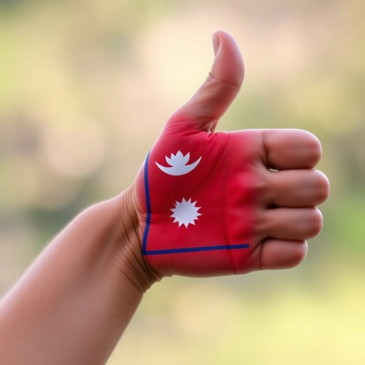 Create a high-resolution image of a human hand giving a thumbs-up with the Nepalese flag painted on it, using a DSLR camera at f/4 aperture, 50mm lens, ISO 100, shot in natural light with a soft focus background.