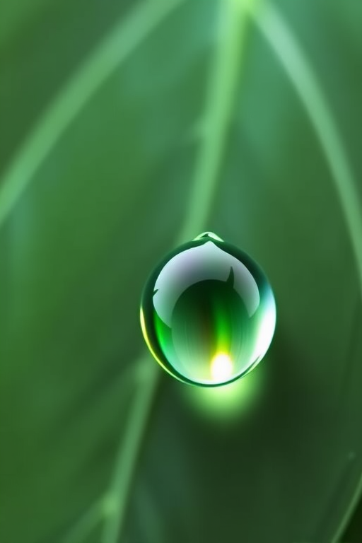 Create a high-resolution digital illustration of a green leaf droplet, emphasizing vibrant colors and smooth gradients, captured with a Nikon D850 using a 50mm f/1.8 lens, aperture set to f/4, ISO 200, in soft natural lighting.