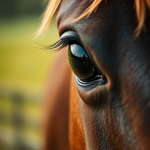 Close-up of a horse's eye with soft focus background, aperture f/2.8, shutter speed 1/500s, ISO 200, viewed through a 100mm macro lens, natural light photography, DSLR camera.