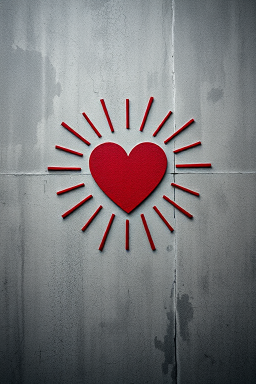 Create an image of a stylized heart with rays emanating from it on a textured concrete background, shot with a Canon EOS R5 at f/2.8, ISO 100, 24mm focal length, with high contrast and enhanced saturation for depth.