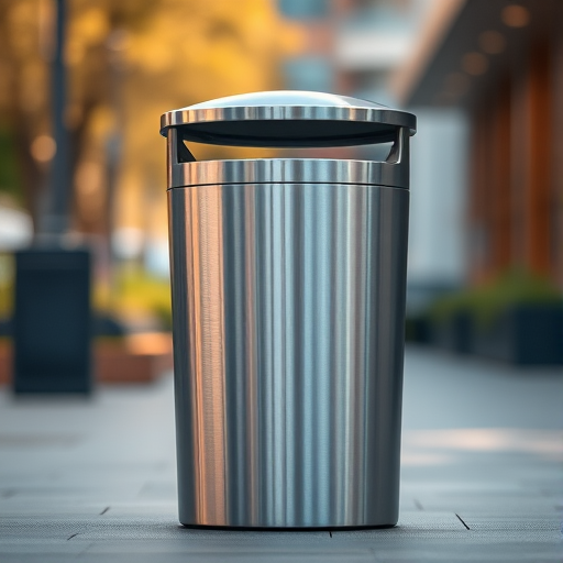generate a high-resolution image of a modern metallic trash bin positioned at a slight angle, taken with a DSLR camera, 50mm lens at f/2.8, ISO 100, natural lighting, and a shallow depth of field for a blurred background