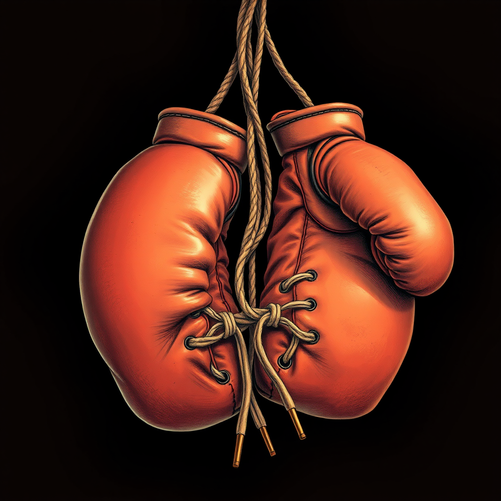 Create a detailed illustration of vintage boxing gloves tied with laces, in a realistic style with a shallow depth of field, using a DSLR camera at f/2.8 aperture, ISO 100, and a focal length of 50mm, centered within a soft light box setup.