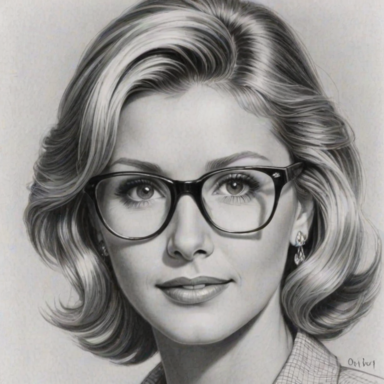 Elegant Olivia Newton-John, pencil sketch, portrait of Splendid woman 1941s in glasses, hair style beatnik, outline, clear lines, fine lines, 8k