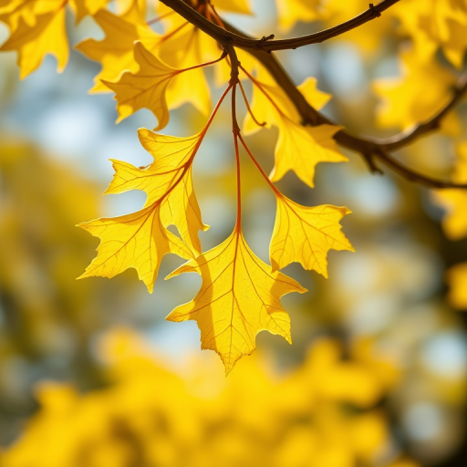 Capture a close-up of vibrant yellow ginkgo leaves hanging from a branch, using a Canon EOS R5, 85mm f/1.2 lens, aperture set to f/2.8 for a soft background blur, shooting at ISO 100 in natural sunlight to enhance the color saturation and detail.