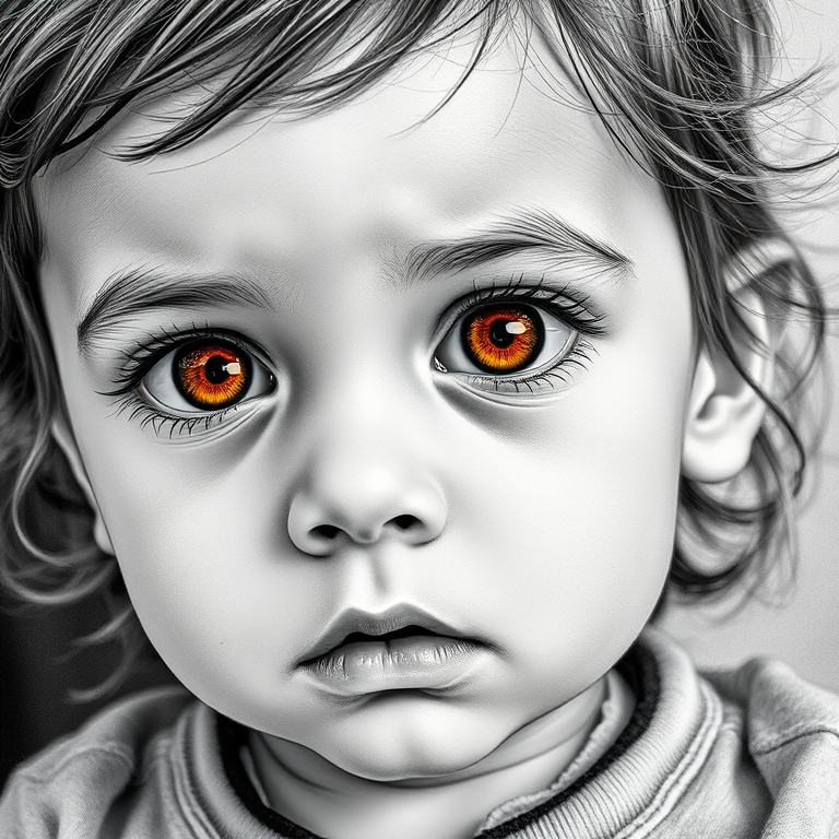 A hyperdetailed photorealistic black and white sketch of a beautiful toddler with deep orange eyes, with a macro focus
